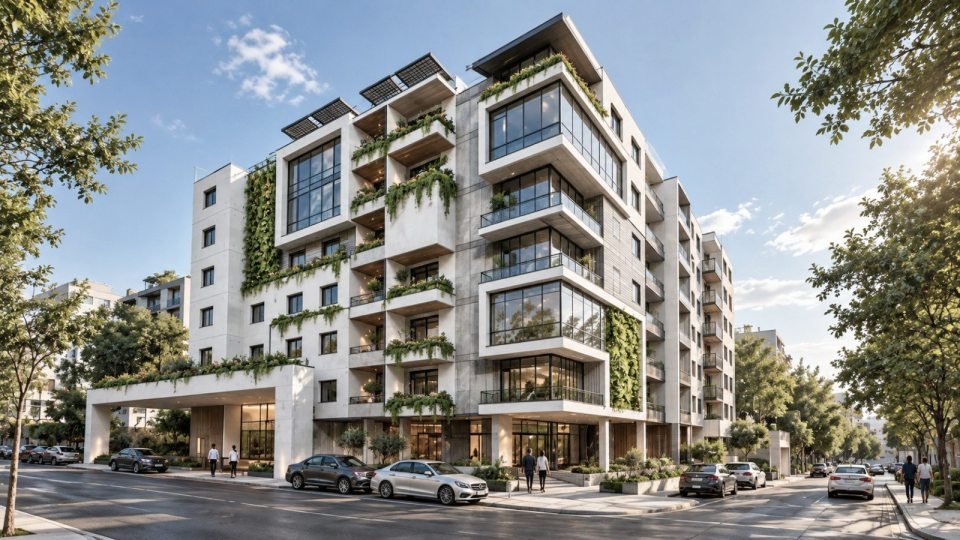 Modern urban city street with mixed-use buildings and green infrastructure